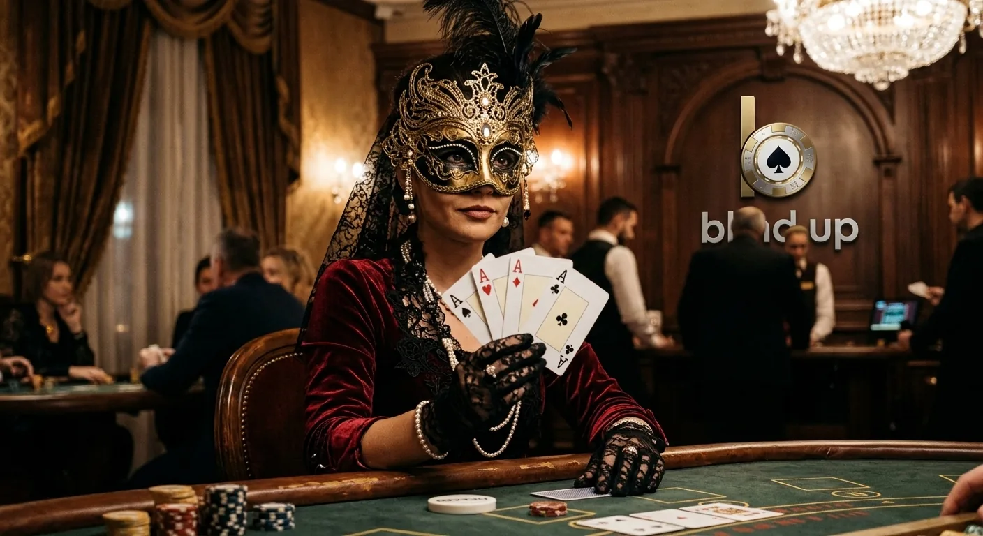 Pokerspeelster die een vierling azen toont