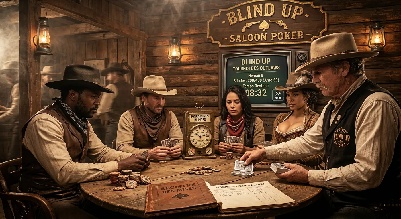 Saloon in het Wilde Westen: pokerspelers rond een tafel, met de Blind Up-timer op een scherm
