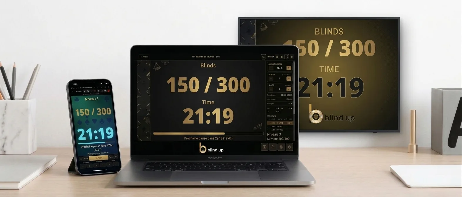 Blind Up op laptop en smartphone: blinds 150 / 300 en resterende tijd