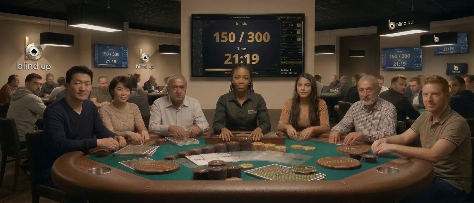 Pokerspelers rond een toernooitafel, met de blinds weergegeven op de achtergrond