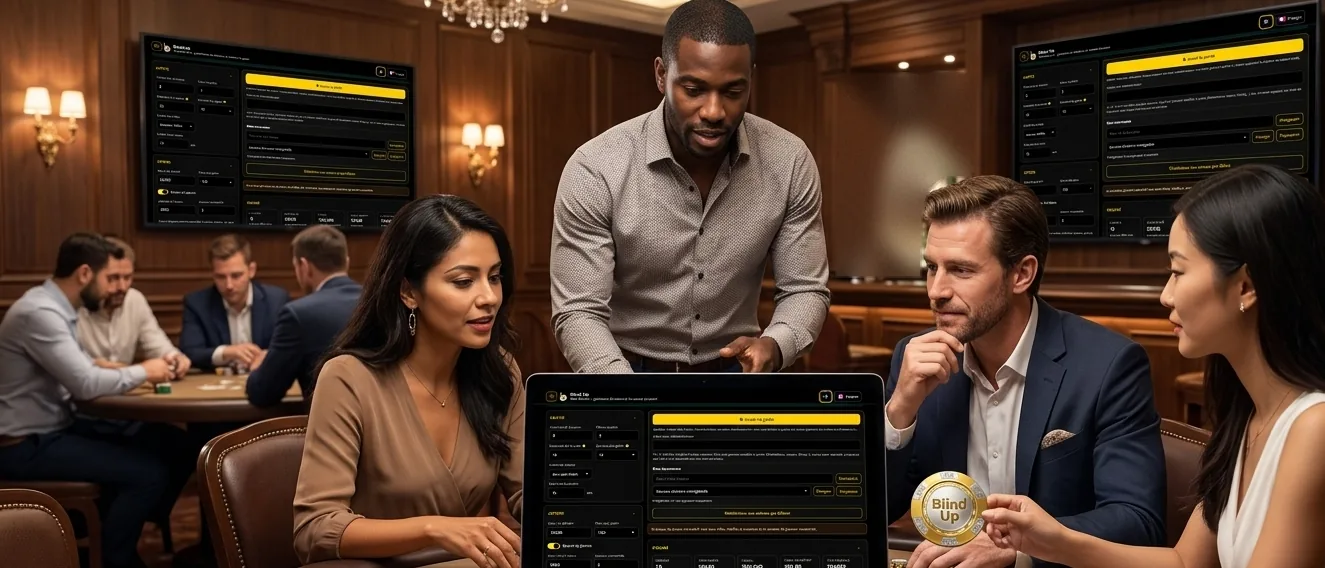 Blind Up op een televisiescherm, laptop, smartphone en tablet tijdens een pokeravond tussen vrienden