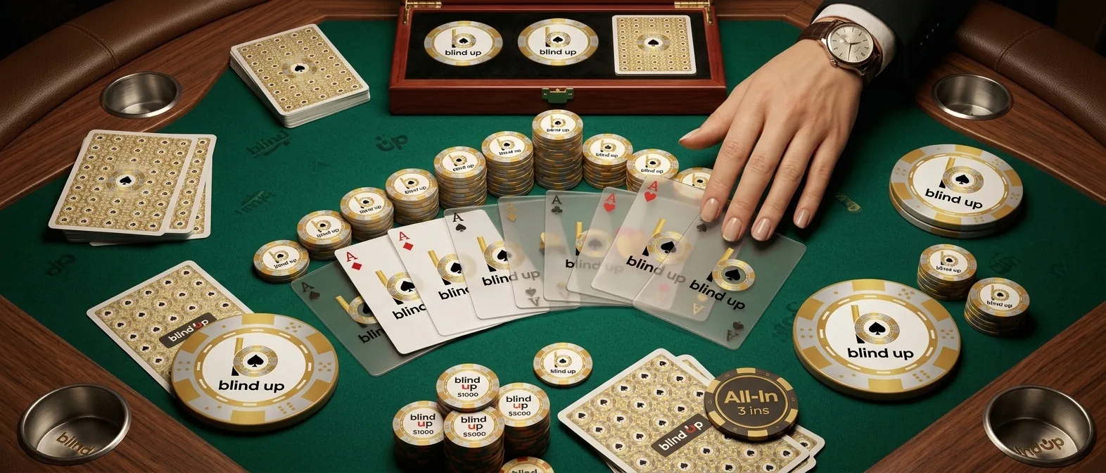 Pokertafel met fiches, kaarten en het Blind Up-logo